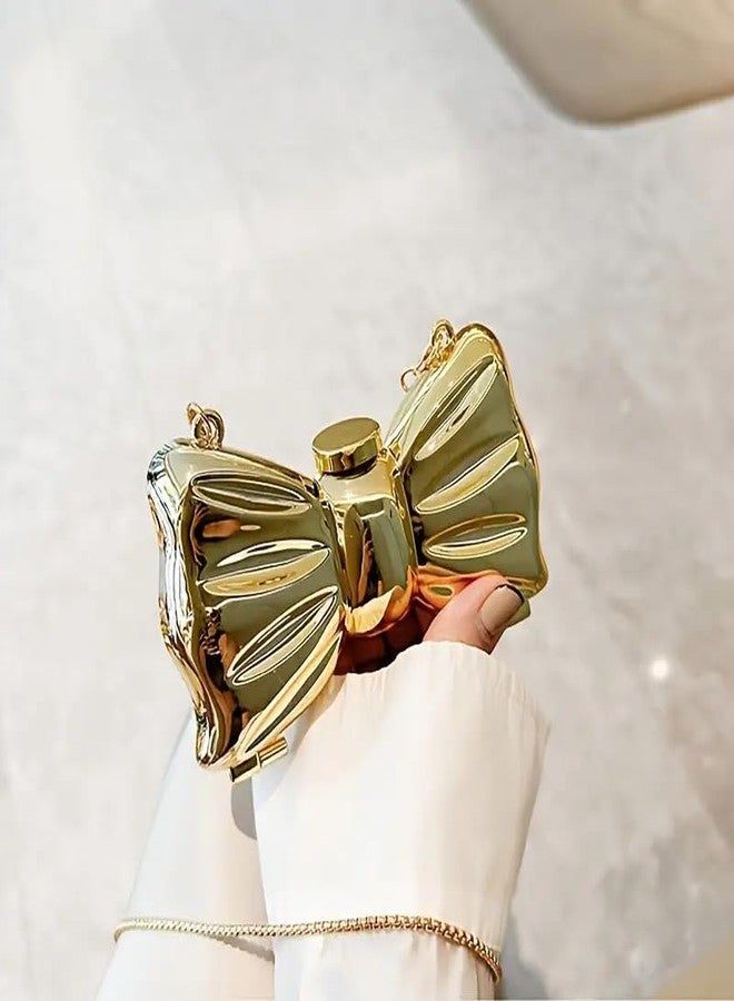 DOSYSO Women and Girls Bow Clutch Purse Metallic Acrylic Evening Handbag Crossbody Sling Bags with Detachable Chain Strap Glossy Stylish Latest Small Size Cute Wallet for Party Wedding Gift (Golden) - Image 4